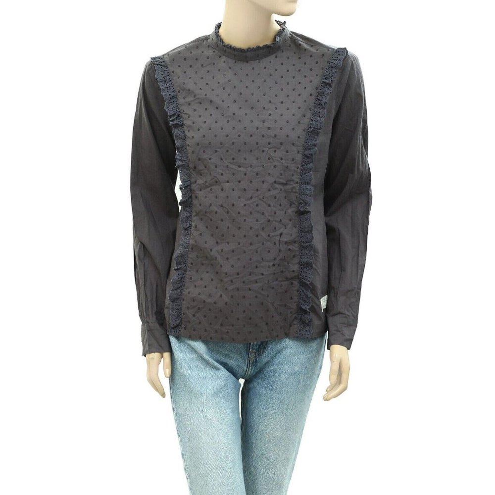 Odd Molly Anthropologie Buttondown Ruffle Shirt Cotton Top Dot M-2 New